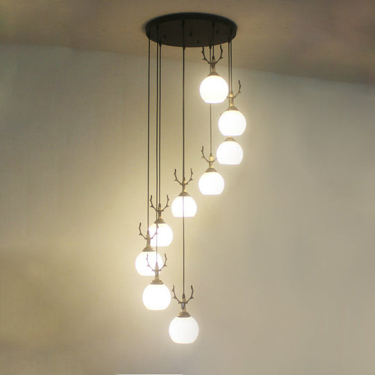 Spiral Milky Glass Multi Pendant Simple Hanging Ceiling Light In Black For Stairs Lighting