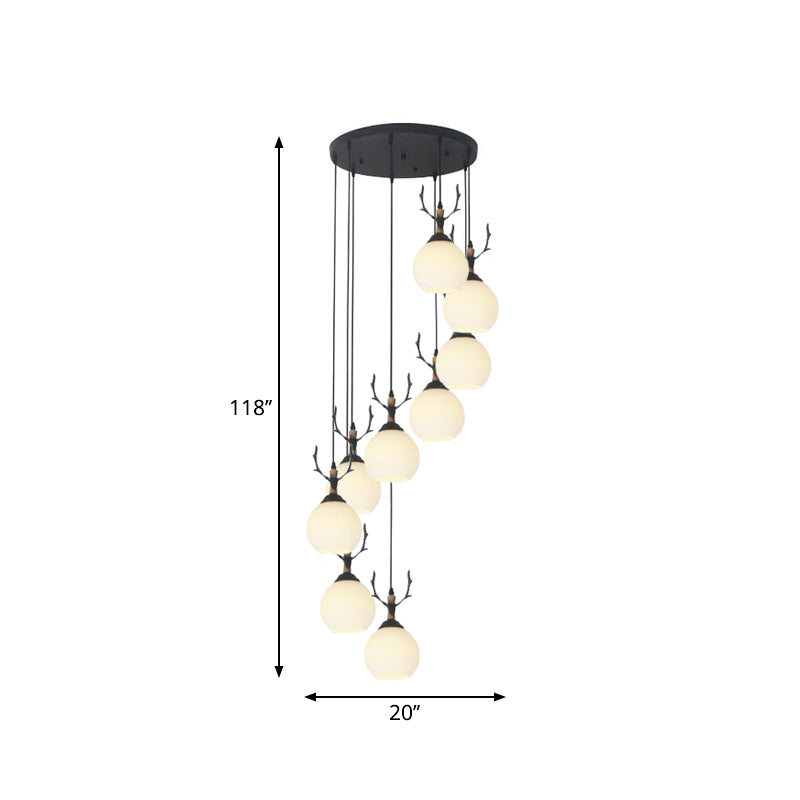 Spiral Milky Glass Multi Pendant Simple Hanging Ceiling Light In Black For Stairs Lighting
