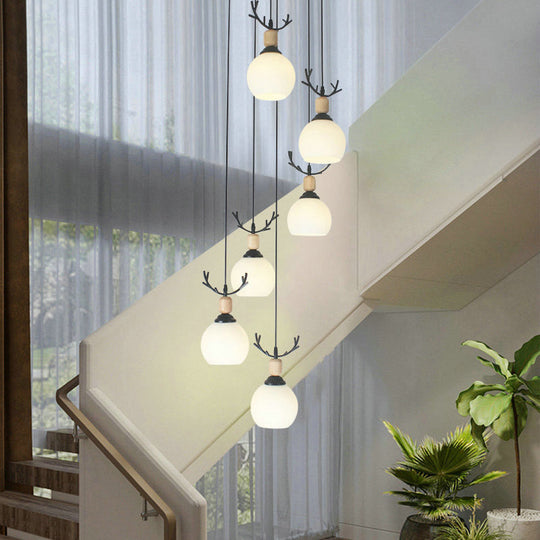 Spiral Milky Glass Multi Pendant Simple Hanging Ceiling Light In Black For Stairs 6 / White C