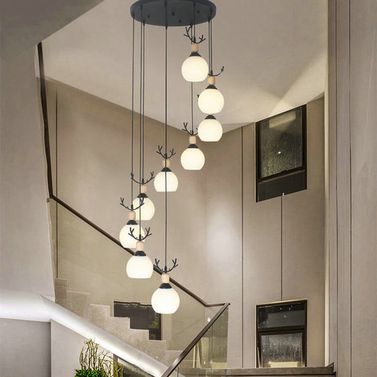 Spiral Milky Glass Multi Pendant Simple Hanging Ceiling Light In Black For Stairs 9 / White C