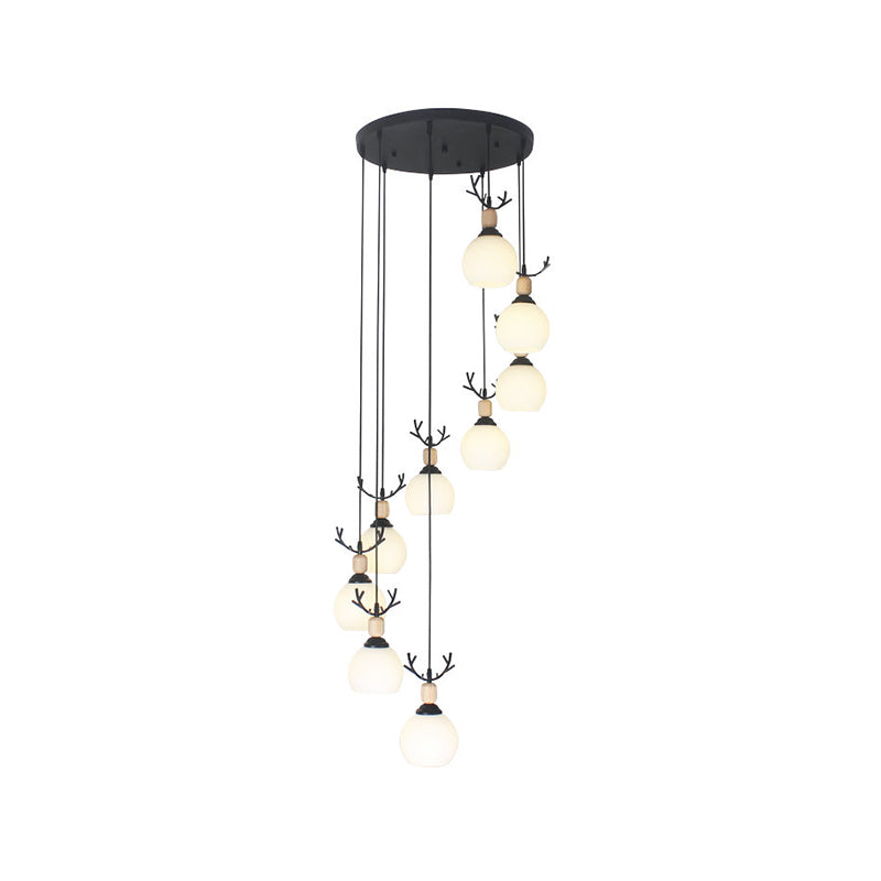 Spiral Milky Glass Multi Pendant Simple Hanging Ceiling Light In Black For Stairs Lighting