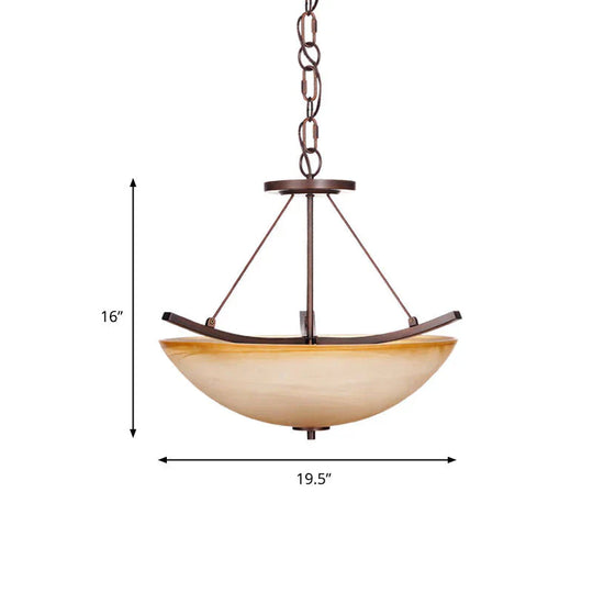 3 Lights Bowl Chandelier Light Traditional Beige Glass Suspension Lighting For Corridor