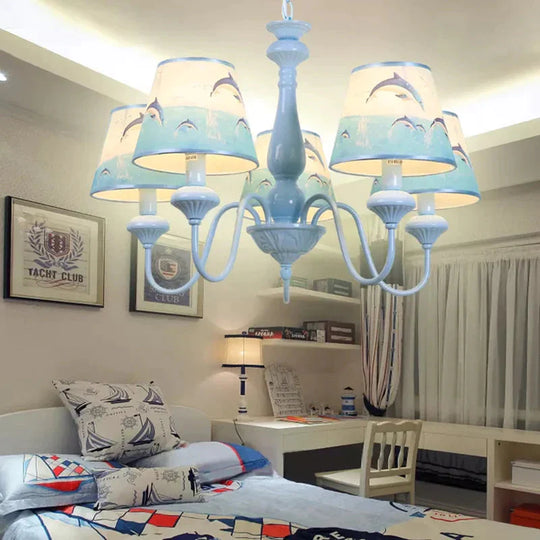 Modern Style Tapered Shade Chandelier With Dolphin 5 Lights Metal Hanging Light In Blue For Child