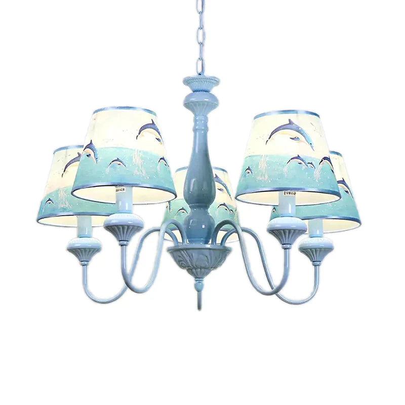 Modern Style Tapered Shade Chandelier With Dolphin 5 Lights Metal Hanging Light In Blue For Child