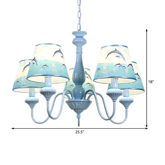 Modern Style Tapered Shade Chandelier With Dolphin 5 Lights Metal Hanging Light In Blue For Child