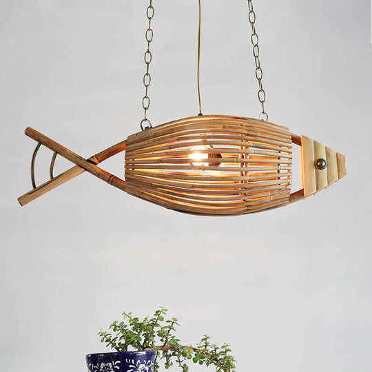 Bamboo Fish Cage Hanging Pendant Asian Style 2 - Head Beige Ceiling Chandelier For Dining Room