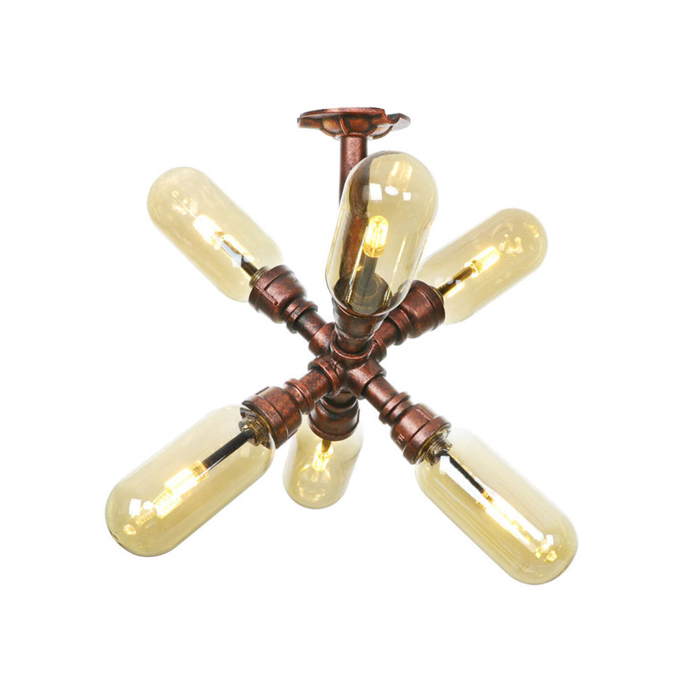 Evelyn’s Antique Copper 4/6 Lights Ceiling Mount Rustic Style Amber Glass Sputnik Semi Flush