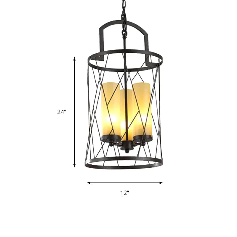 Cylinder Beige Glass Hanging 3 Light Chandelier In Black