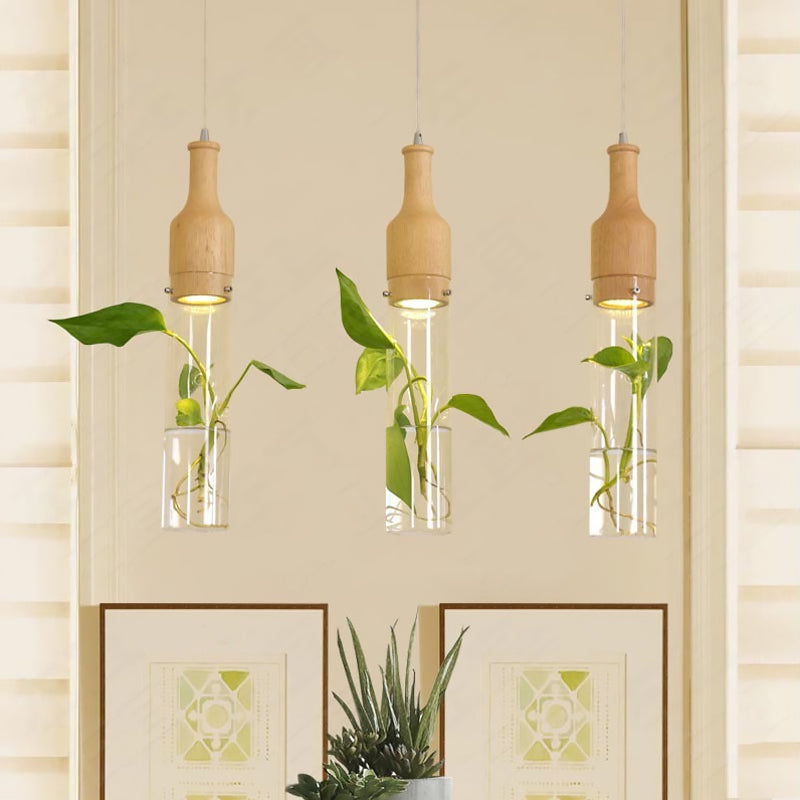 Viola - Glass Bottle Shaped Planter Light Clear Bedroom Pendant 3 / Wood Linear