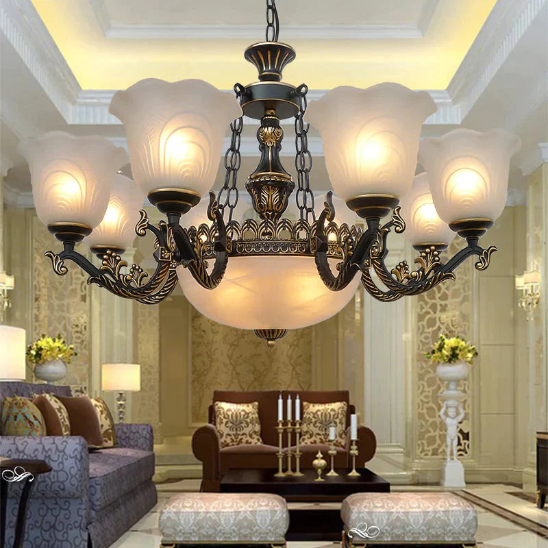 Bronze Flared Pendant Lighting Traditional Frosted Textured Glass 9/11 Light Living Room Chandelier