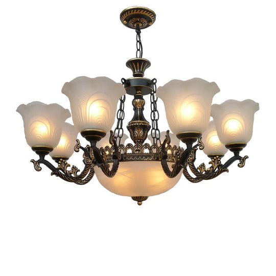 Bronze Flared Pendant Lighting Traditional Frosted Textured Glass 9/11 Light Living Room Chandelier