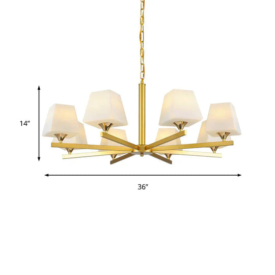 Frosted Glass Brass Pendant Lamp Tapered 8 Light Traditional Chandelier Fixture With Sunburst Design