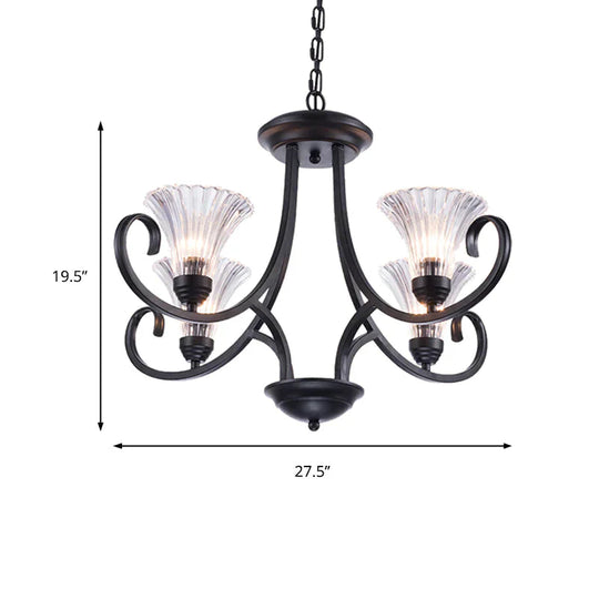 Bell Living Room Ceiling Chandelier Traditional Clear Ribbed Glass 4/6/8 Lights Black Hanging