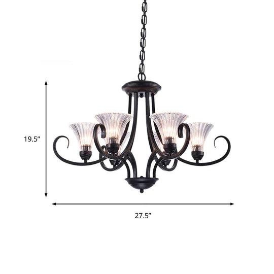 Bell Living Room Ceiling Chandelier Traditional Clear Ribbed Glass 4/6/8 Lights Black Hanging