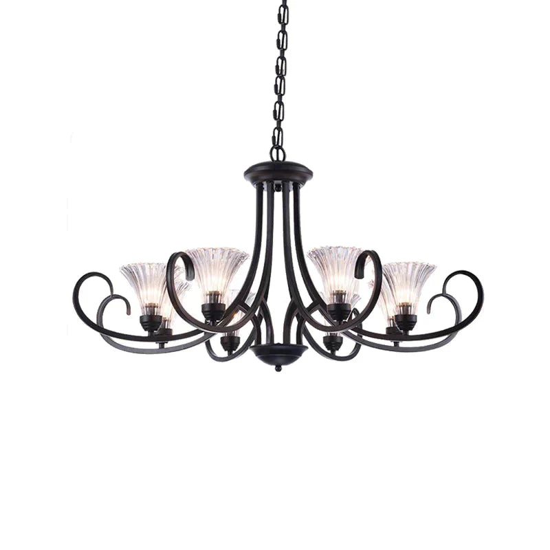 Bell Living Room Ceiling Chandelier Traditional Clear Ribbed Glass 4/6/8 Lights Black Hanging