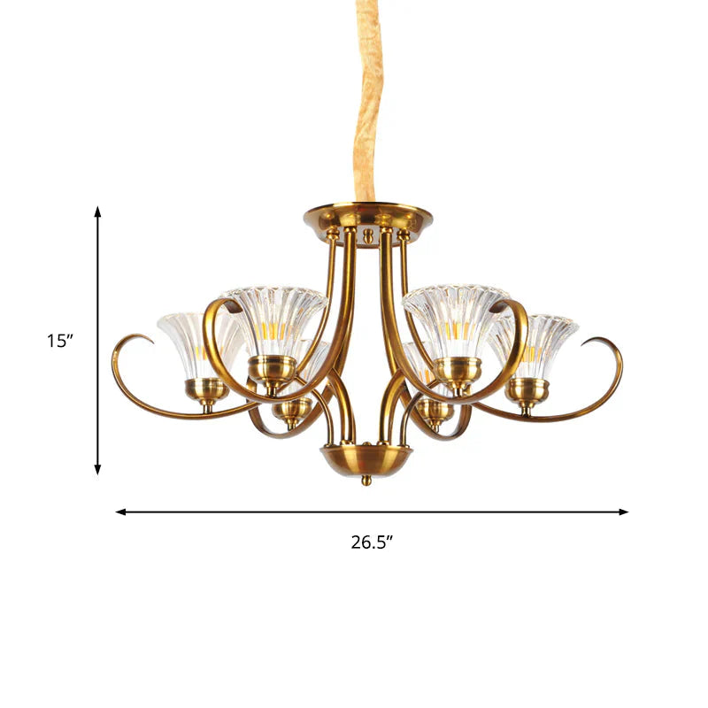 Brass 3/6 Lights Chandelier Light Fixture Classic Clear Ribbed Glass Scroll Pendant Lamp With Bell