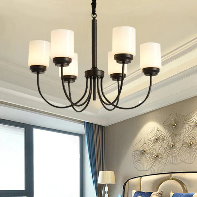 3/6/8 Lights Ceiling Light Traditional Cylinder Opal Glass Hanging Chandelier In Black For Living