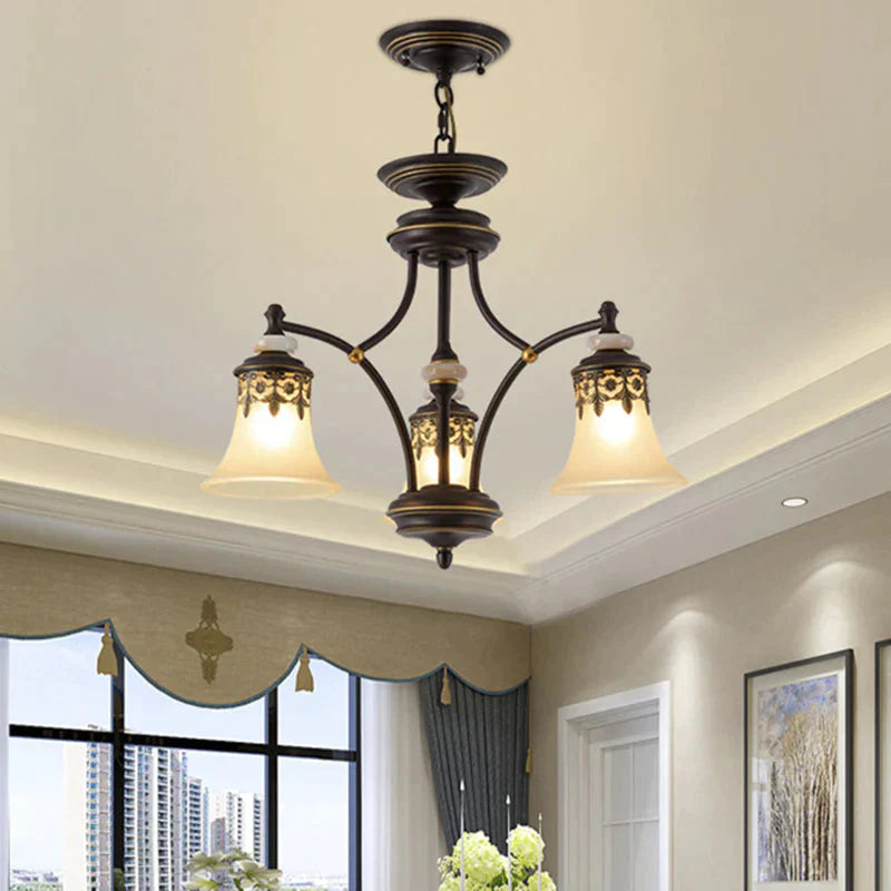 Deep Tan Bell Pendant Lighting Traditional Frosted Glass 3/5/6 Lights Living Room Chandelier