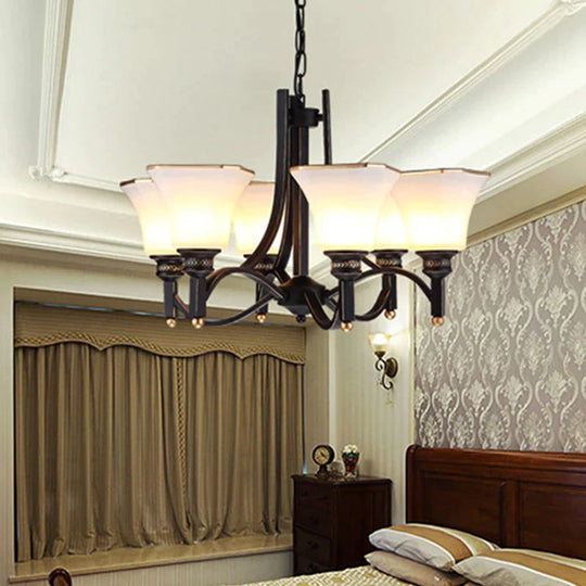 White Glass Bell Hanging Chandelier Traditional 3/6 Lights Living Room Pendant Light In Black