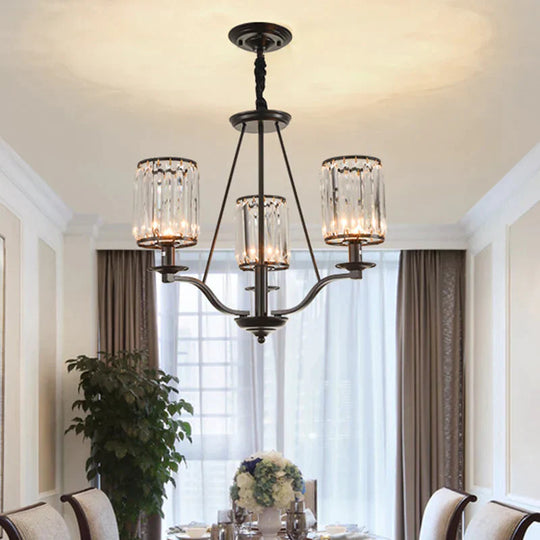 Cylinder Clear Ribbed Glass Chandelier Light Traditional 3/6 Lights Living Room Pendant Lighting In