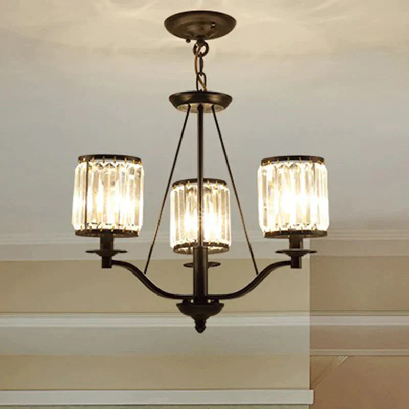 Cylinder Clear Ribbed Glass Chandelier Light Traditional 3/6 Lights Living Room Pendant Lighting In