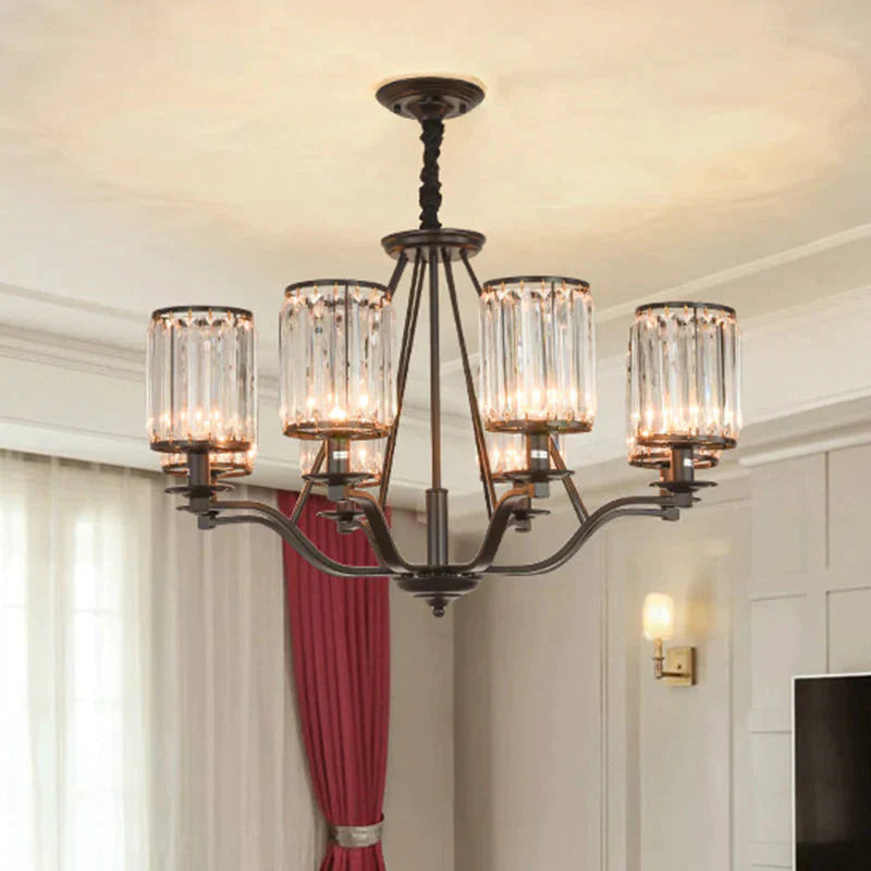 Cylinder Clear Ribbed Glass Chandelier Light Traditional 3/6 Lights Living Room Pendant Lighting In