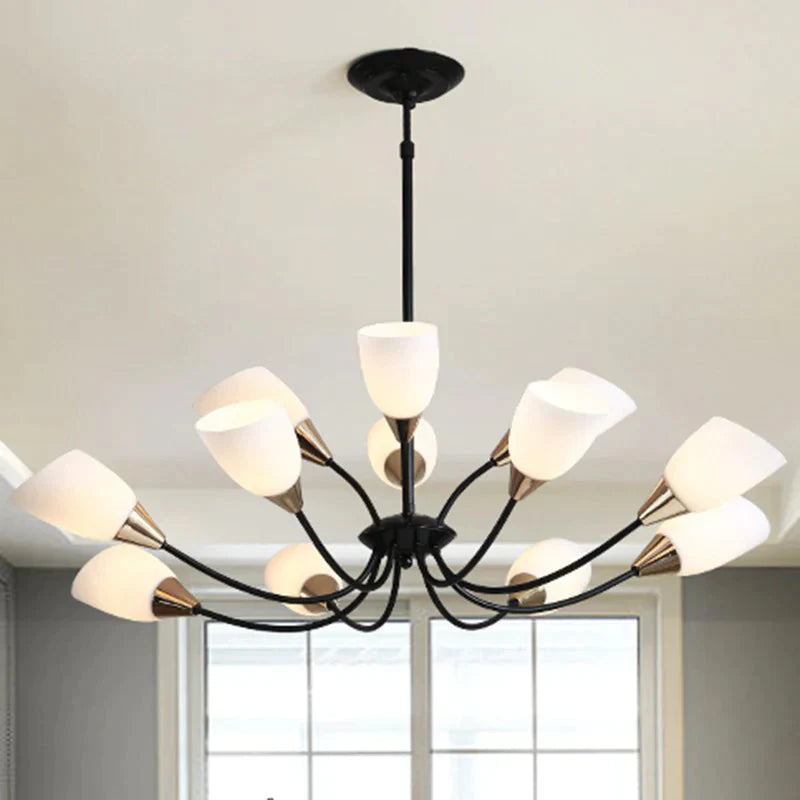 Traditional Oval Frosted 12 Lights Ceiling Light Glass Hanging Chandelier In Black For Living Room