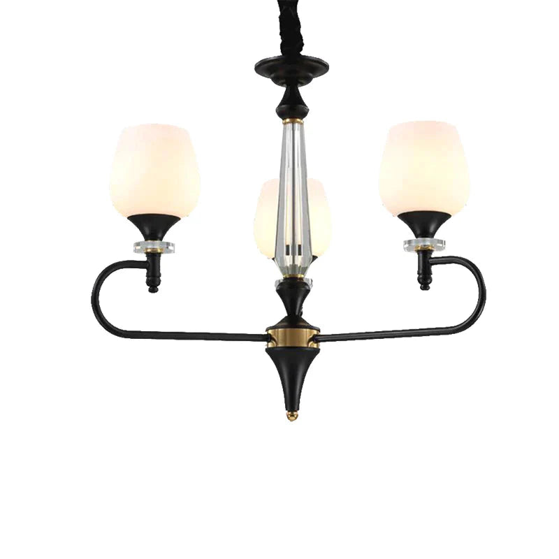 3/6 Lights Opal Glass Hanging Chandelier Traditional Matte Black Cone Living Room Pendant Light