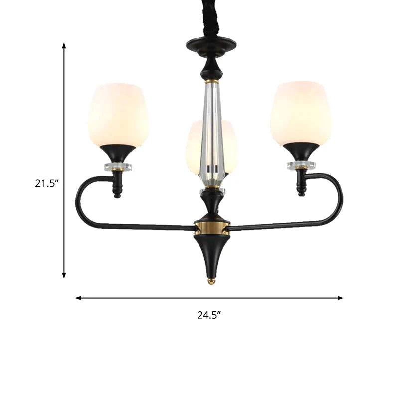 3/6 Lights Opal Glass Hanging Chandelier Traditional Matte Black Cone Living Room Pendant Light