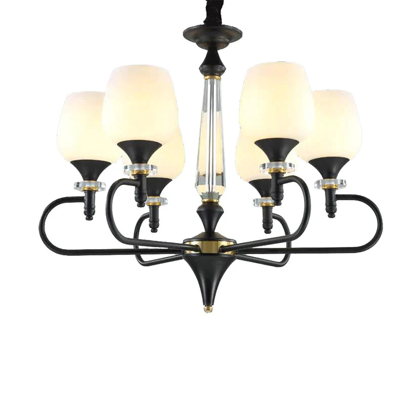 3/6 Lights Opal Glass Hanging Chandelier Traditional Matte Black Cone Living Room Pendant Light