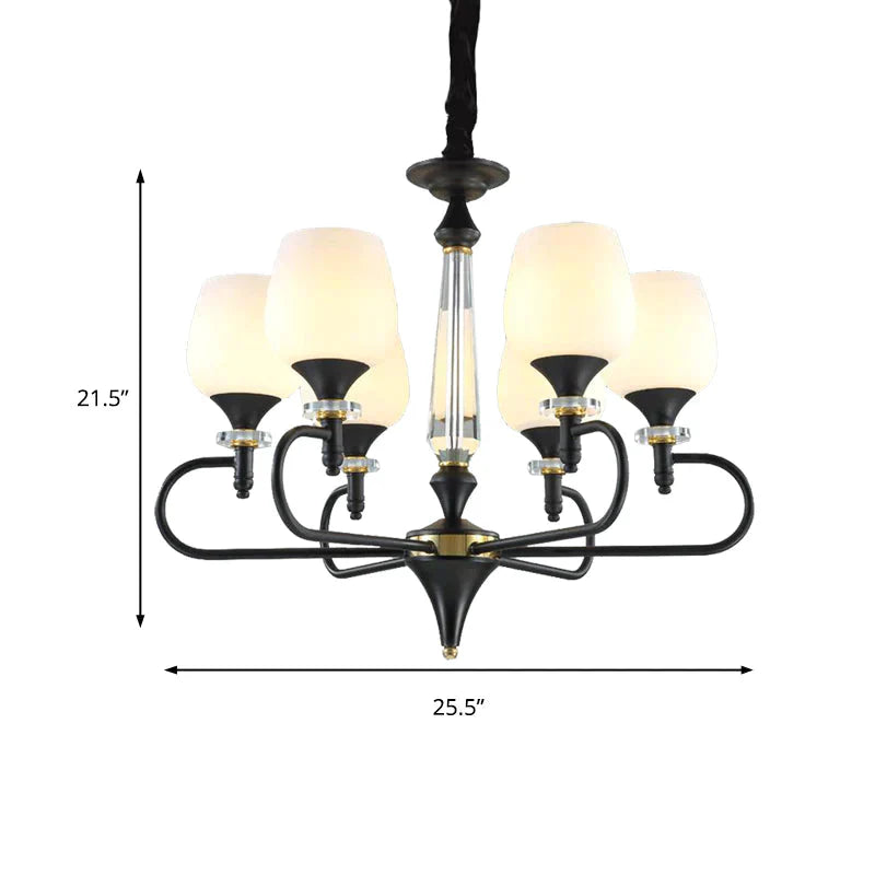 3/6 Lights Opal Glass Hanging Chandelier Traditional Matte Black Cone Living Room Pendant Light