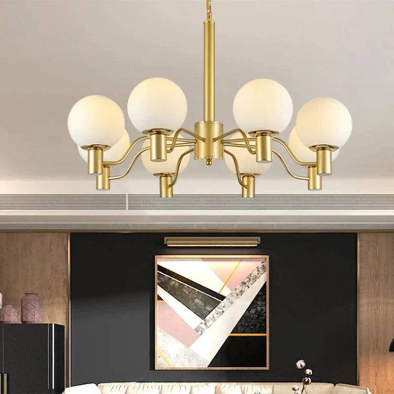 6 Lights Frosted Glass Pendant Chandelier Traditional Brass Globe Living Room Hanging Ceiling