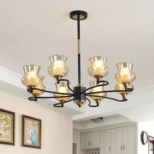 Sputnik Living Room Ceiling Chandelier Classic Tan Textured Glass 3/6/8 Lights Black Hanging Fixture