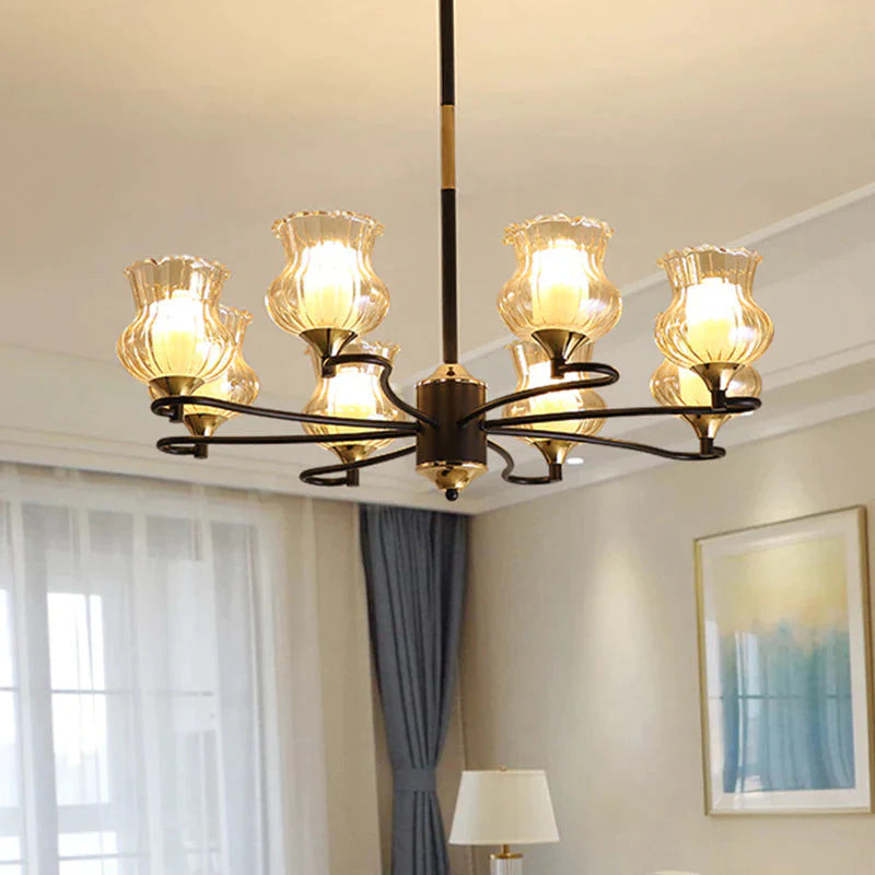 Sputnik Living Room Ceiling Chandelier Classic Tan Textured Glass 3/6/8 Lights Black Hanging Fixture