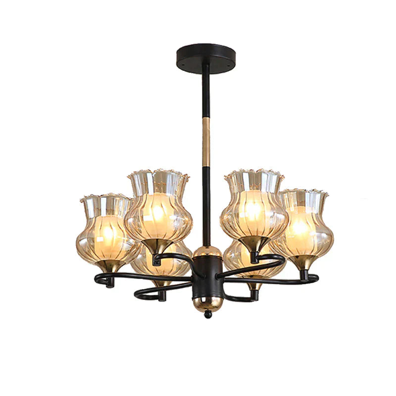 Sputnik Living Room Ceiling Chandelier Classic Tan Textured Glass 3/6/8 Lights Black Hanging Fixture