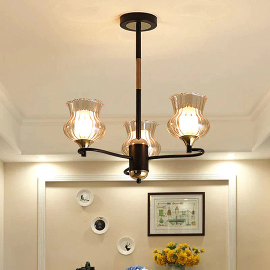Sputnik Living Room Ceiling Chandelier Classic Tan Textured Glass 3/6/8 Lights Black Hanging Fixture