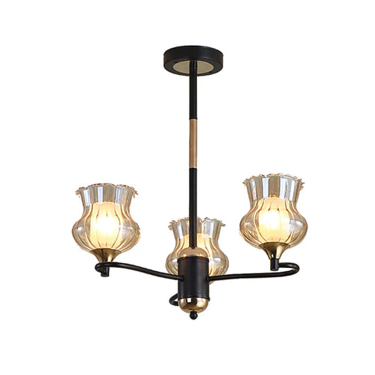 Sputnik Living Room Ceiling Chandelier Classic Tan Textured Glass 3/6/8 Lights Black Hanging Fixture