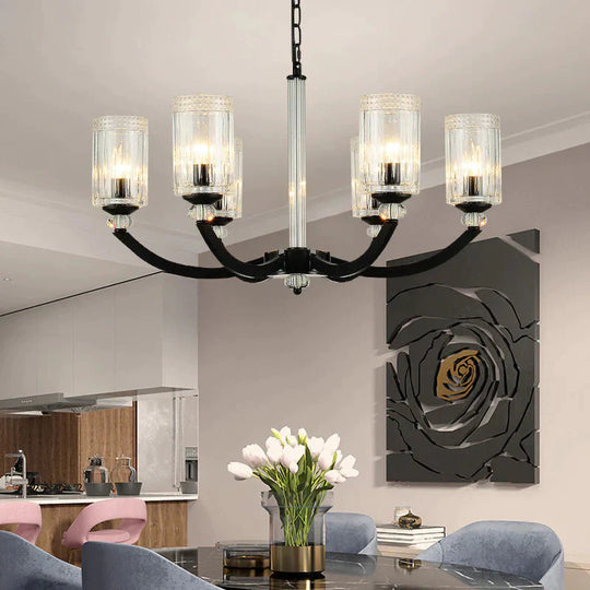 Black 5/6/8 Lights Chandelier Light Fixture Traditional Clear Textured Glass Cylinder Pendant Lamp