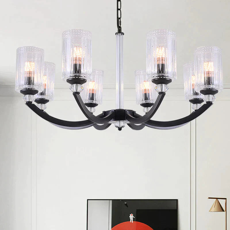 Black 5/6/8 Lights Chandelier Light Fixture Traditional Clear Textured Glass Cylinder Pendant Lamp