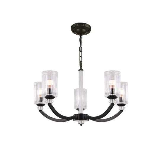 Black 5/6/8 Lights Chandelier Light Fixture Traditional Clear Textured Glass Cylinder Pendant Lamp