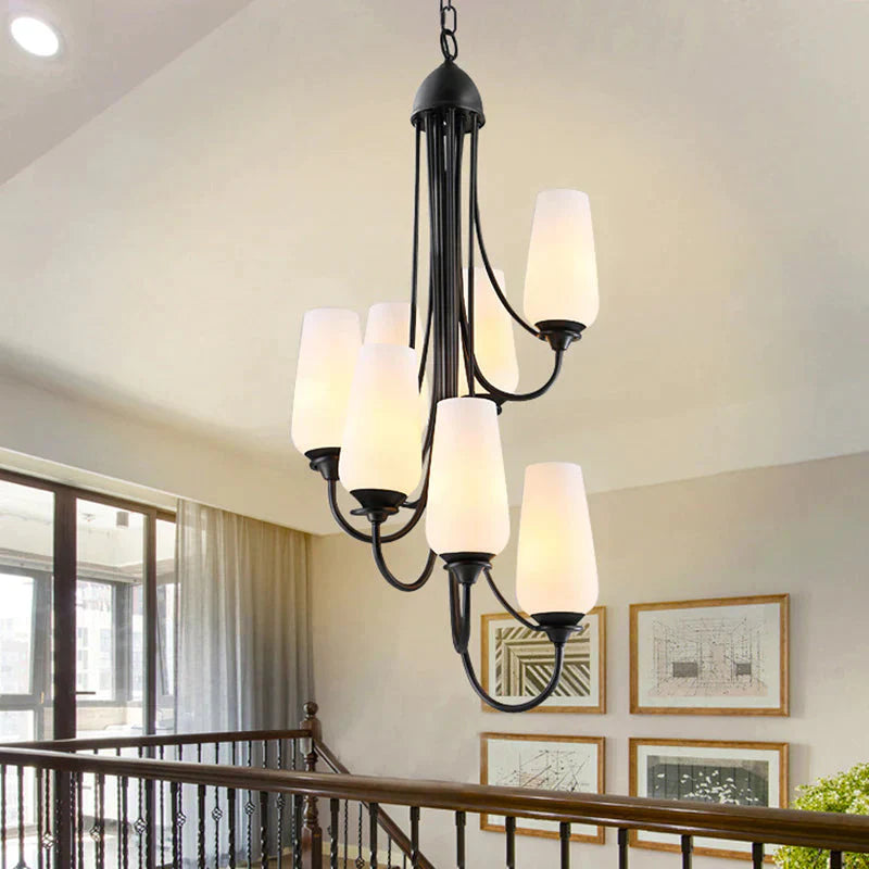 Black Cup Shape Pendant Lighting Traditional Frosted Glass 5/7 Lights Living Room Chandelier For