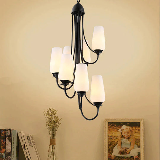 Black Cup Shape Pendant Lighting Traditional Frosted Glass 5/7 Lights Living Room Chandelier For