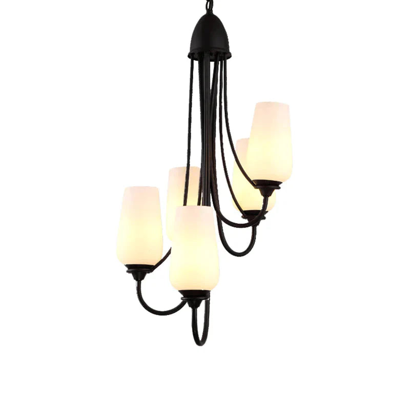 Black Cup Shape Pendant Lighting Traditional Frosted Glass 5/7 Lights Living Room Chandelier For