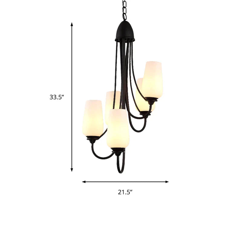 Black Cup Shape Pendant Lighting Traditional Frosted Glass 5/7 Lights Living Room Chandelier For