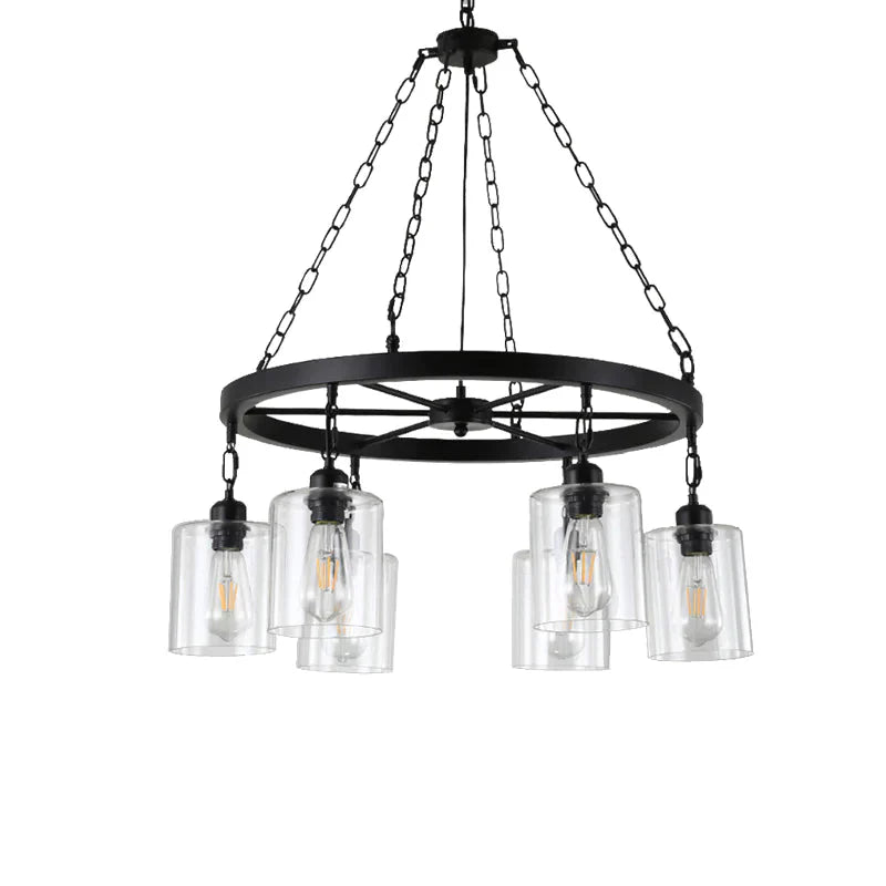 Black 6/8 Lights Pendant Chandelier Traditional Clear Glass Cylinder Hanging Light With Wagon Wheel