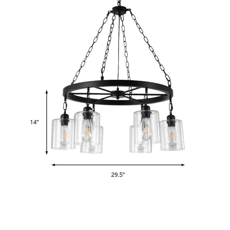 Black 6/8 Lights Pendant Chandelier Traditional Clear Glass Cylinder Hanging Light With Wagon Wheel