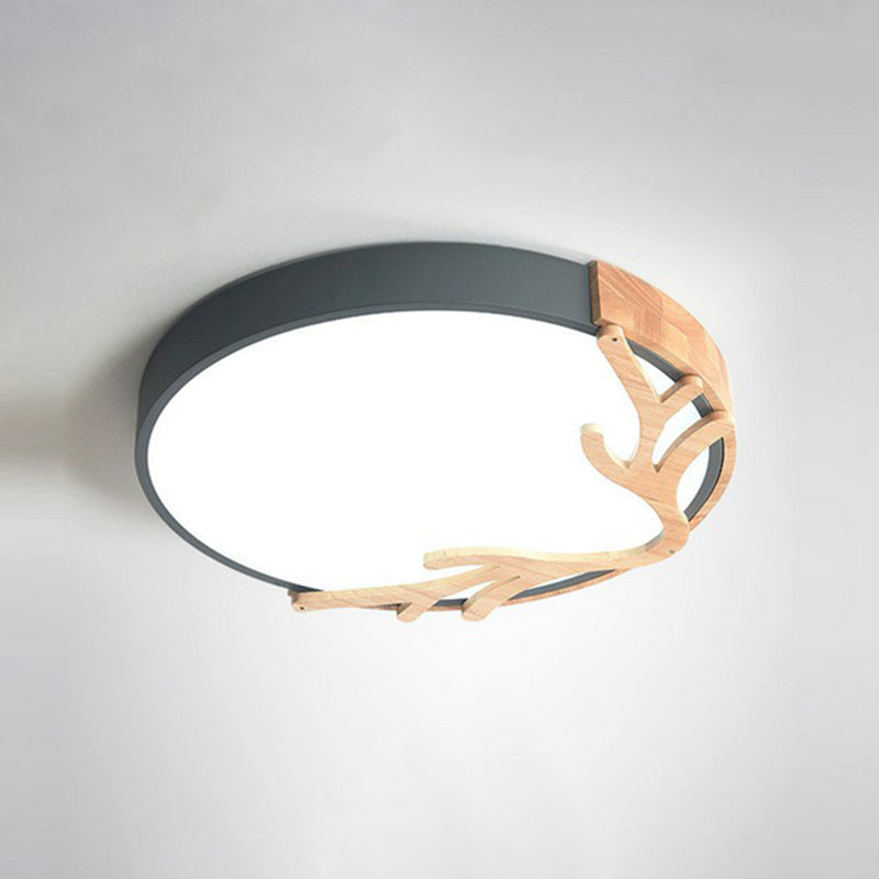 Sleek Metal Circle Led Flush Mount Ceiling Light - Ultra - Thin Design With Wooden Antler Accent