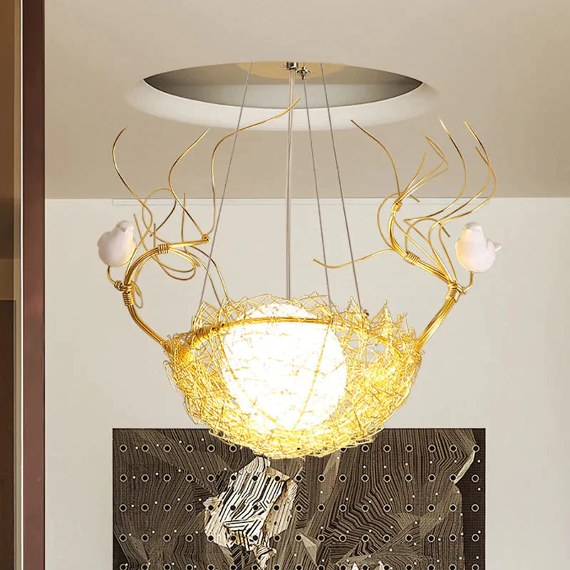 Egg Shaped Hanging Ceiling Pendant Art Deco Milk White Glass 1 Light Gold Chandelier With Birds And