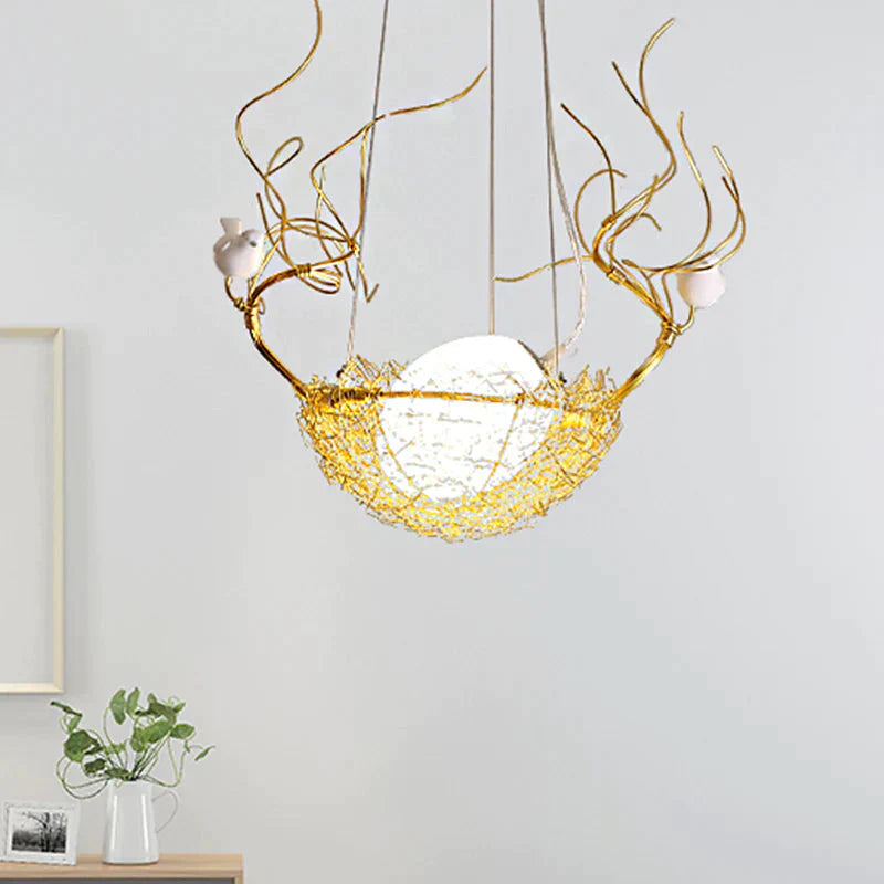 Egg Shaped Hanging Ceiling Pendant Art Deco Milk White Glass 1 Light Gold Chandelier With Birds And