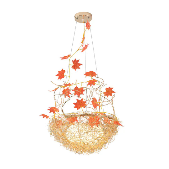 Egg - Like Chandelier Rustic 3 Lights Milk White Glass Hanging Ceiling Pendant With Gold Nest And